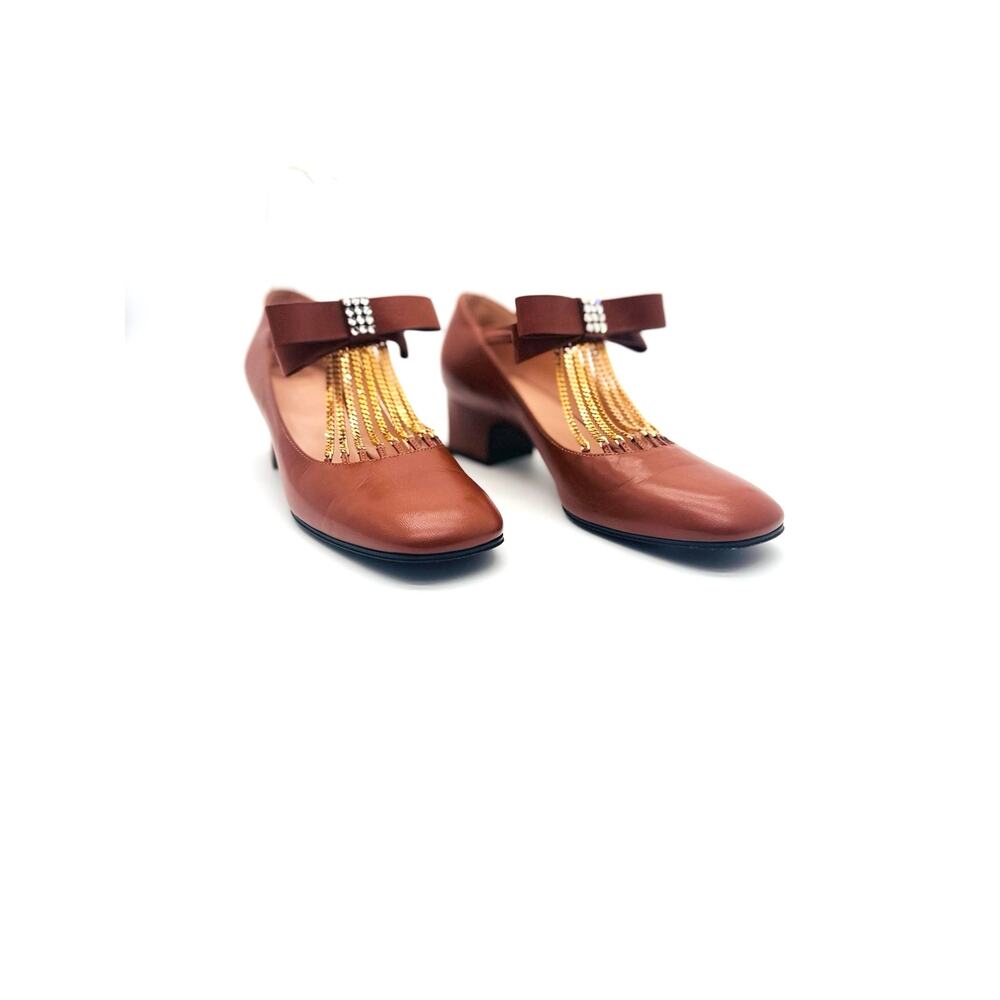 Gucci Bonny Brown Crystal Bow Nappa Leather Mary Jane Pumps EU 37.5